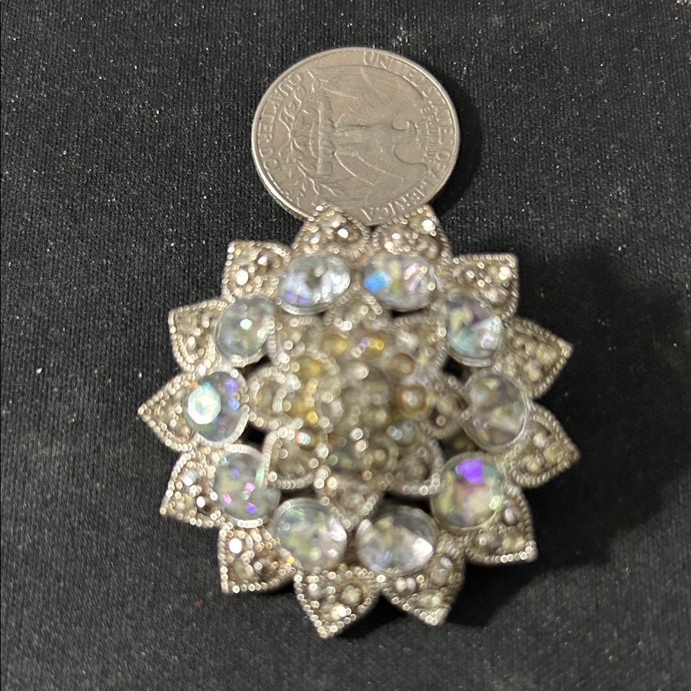 Crystal Aurora Flower Brooch - Iridescent Silver Tone